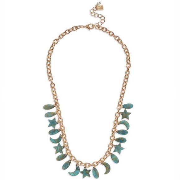 NWT Gorgeous Robert Lee Morris Soho Gold & Blue Celestial Patina Charm Necklace